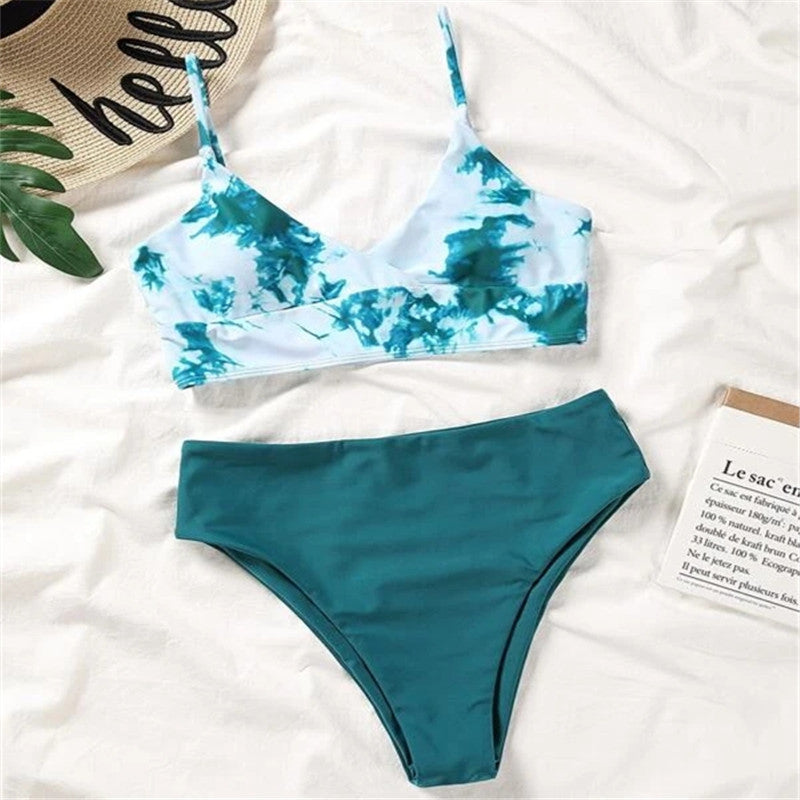 Women Seperated Swimwear Tie Dye Contrast Color Sexy Bikini Swimsuit