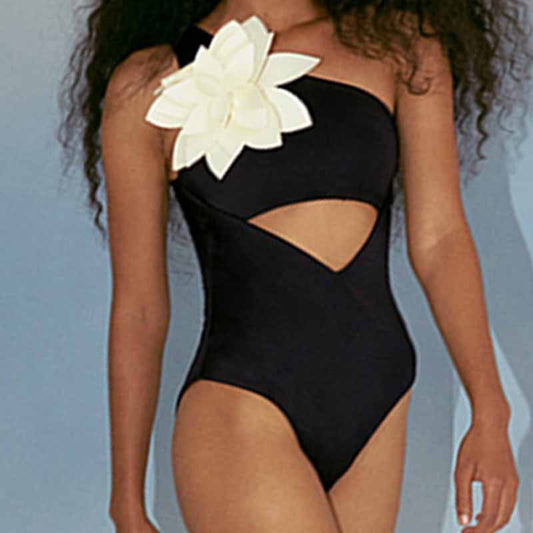 Solid Color Sexy One Shoulder Backless Three Dimensional Floral One Piece Briefs Women Swimsuit 3D Decoration