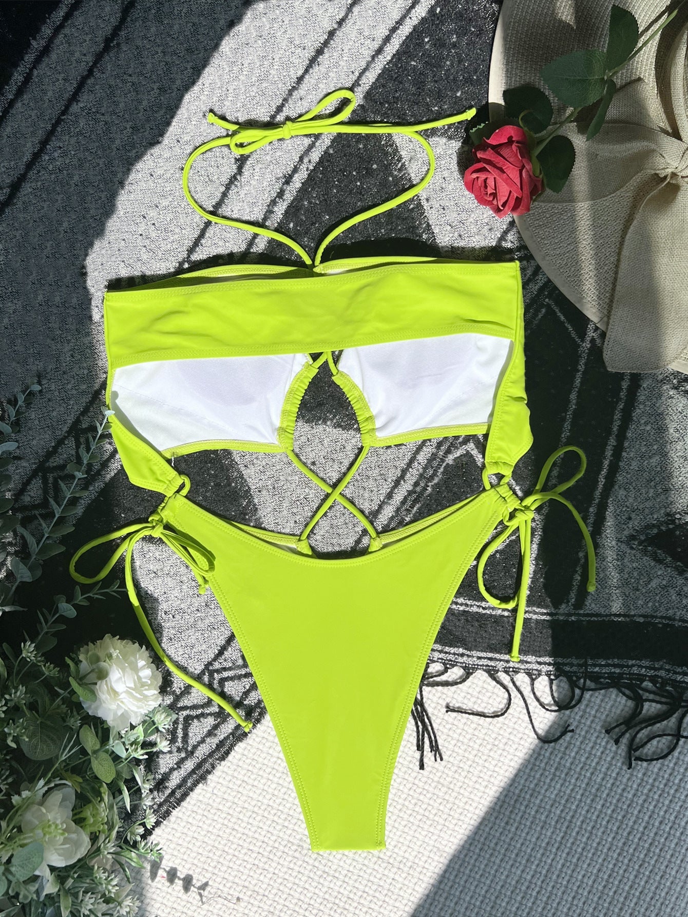 Women Double One Piece Swimsuit Solid Color Bikini Swimsuit Sexy Swimsuit Strap Bikini