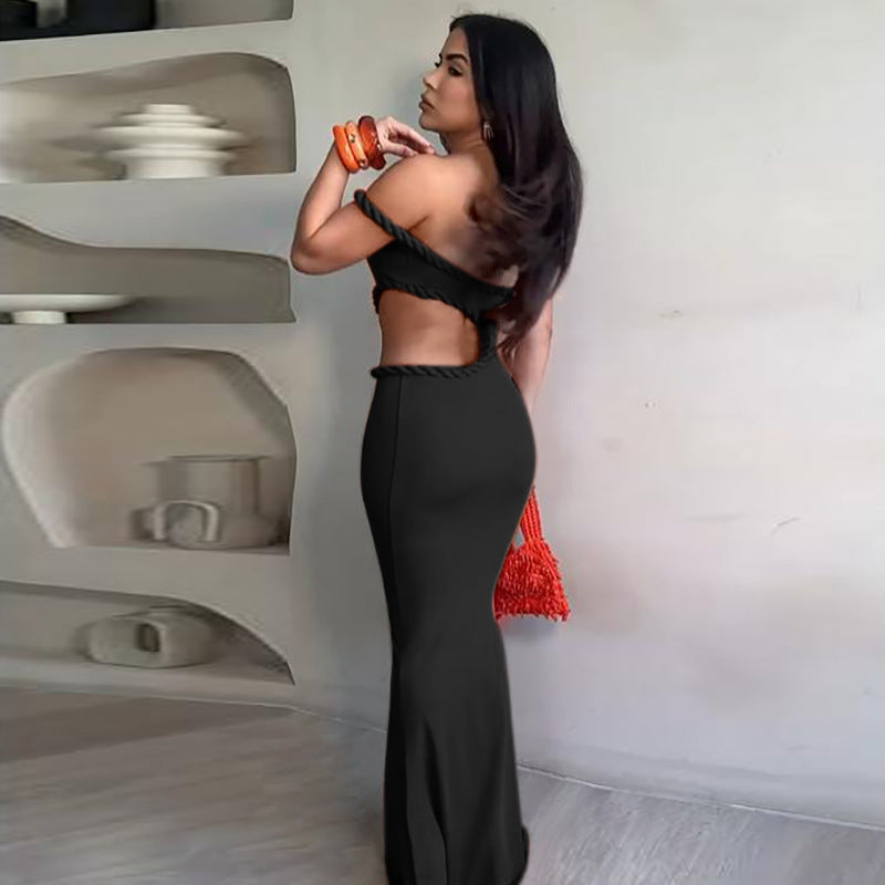 Summer Women Clothing Sexy off Neck Hollow Out Cutout out Cropped Slim Hip Dress