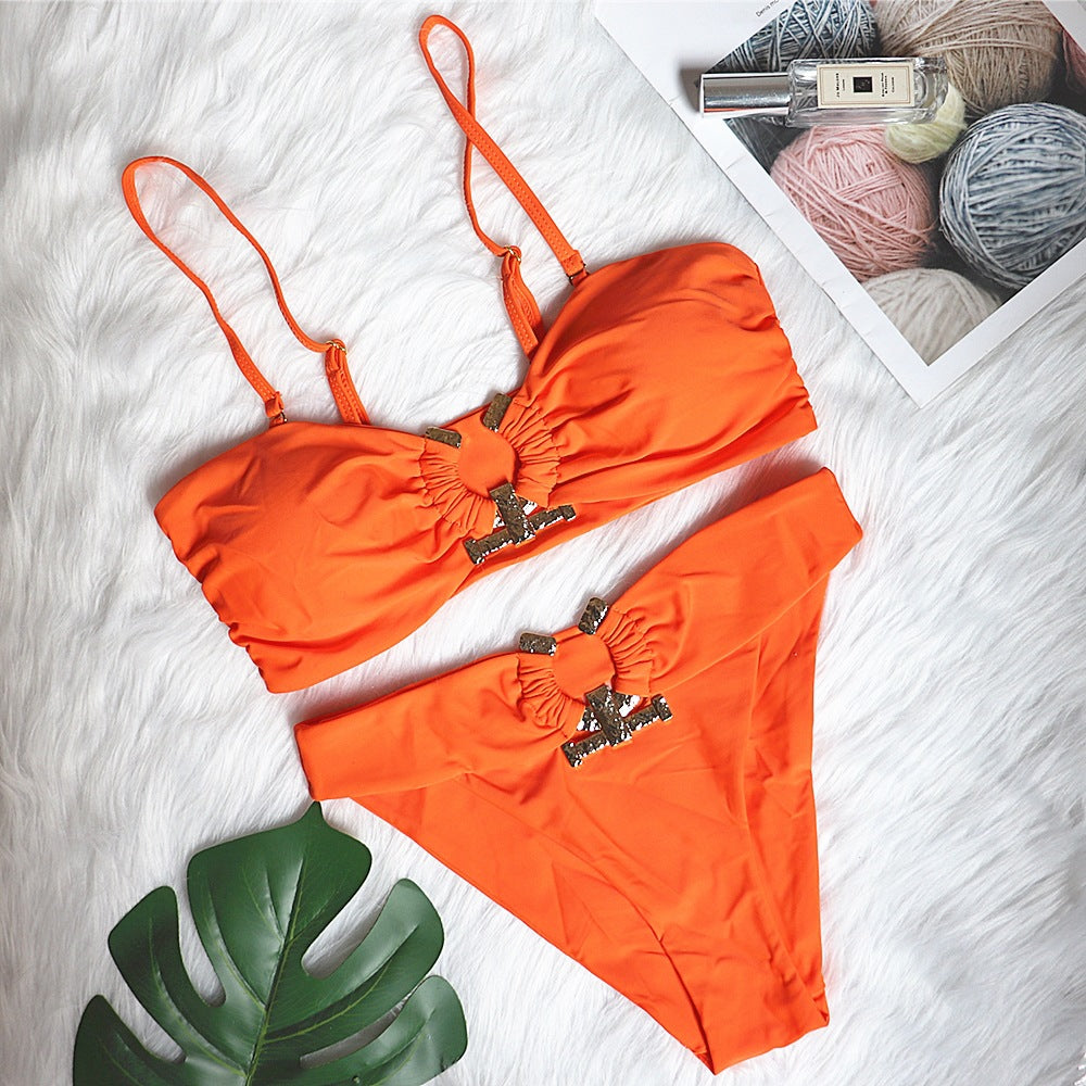 Sexy Swimsuit Metal Accessories Hollow Out Cutout Bikini Solid Color Tube-Top High Waist Women Swimwear