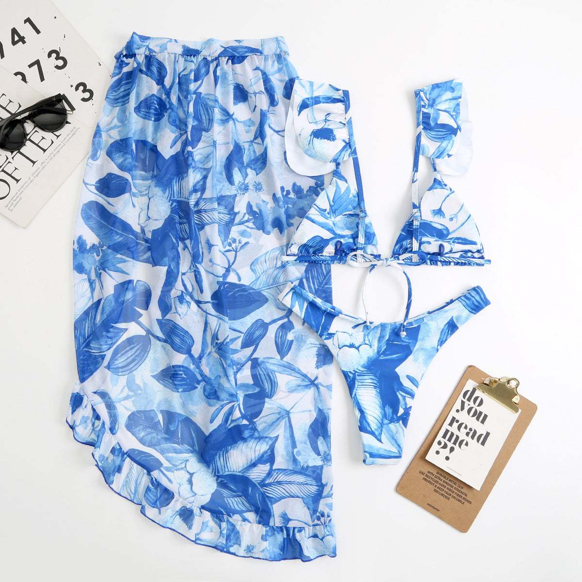 Women Printed Split Sexy Double Sided Mesh Triangle Bikini Swimsuit Three Piece Set