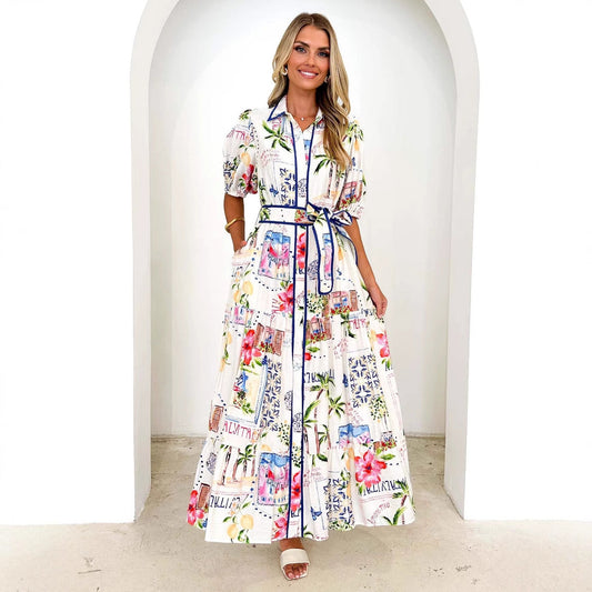 Women Clothes Cotton Linen Floral Print Lace up Short Sleeve Dress Women