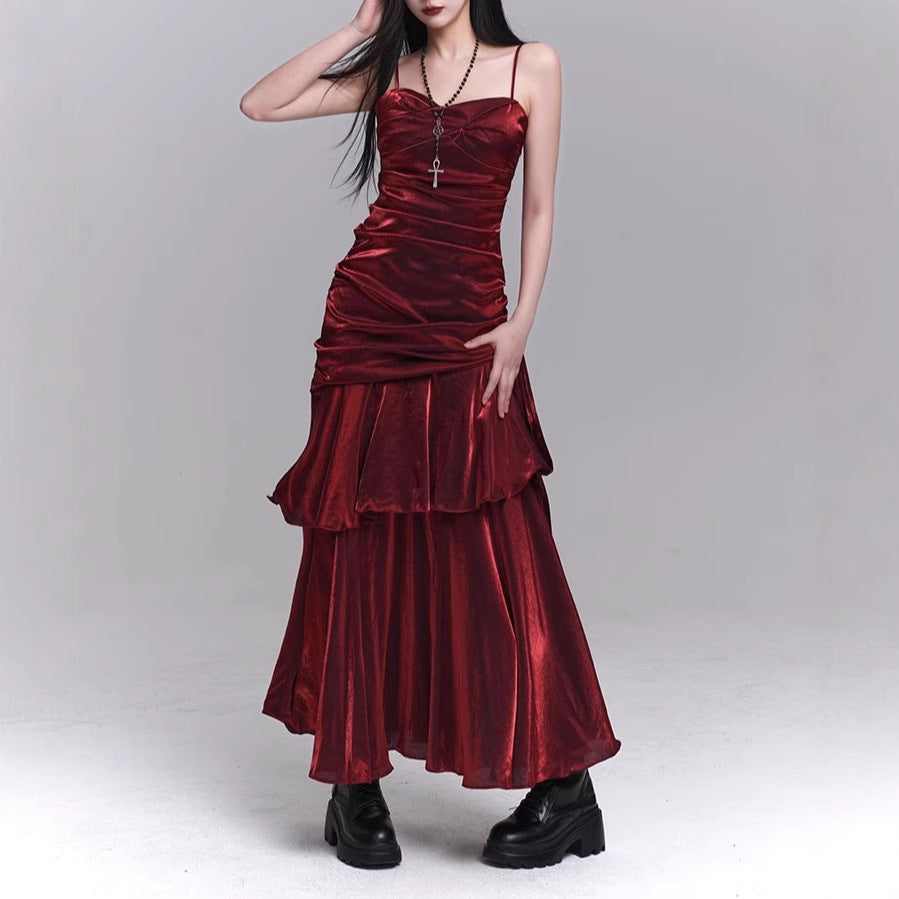 Dark Red Suspenders Dress Concert Birthday Dress High Grade Party Little Dress