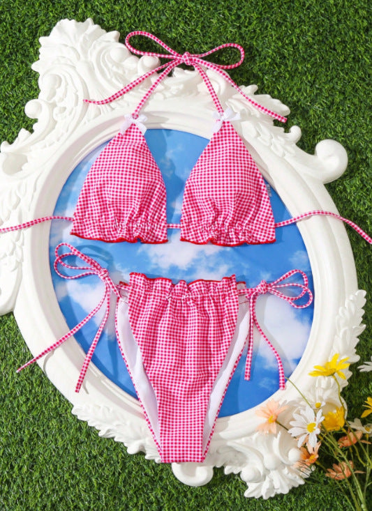 Sweet Sexy Bow Floral Plaid Split Vacation Swimsuit Women Bikini