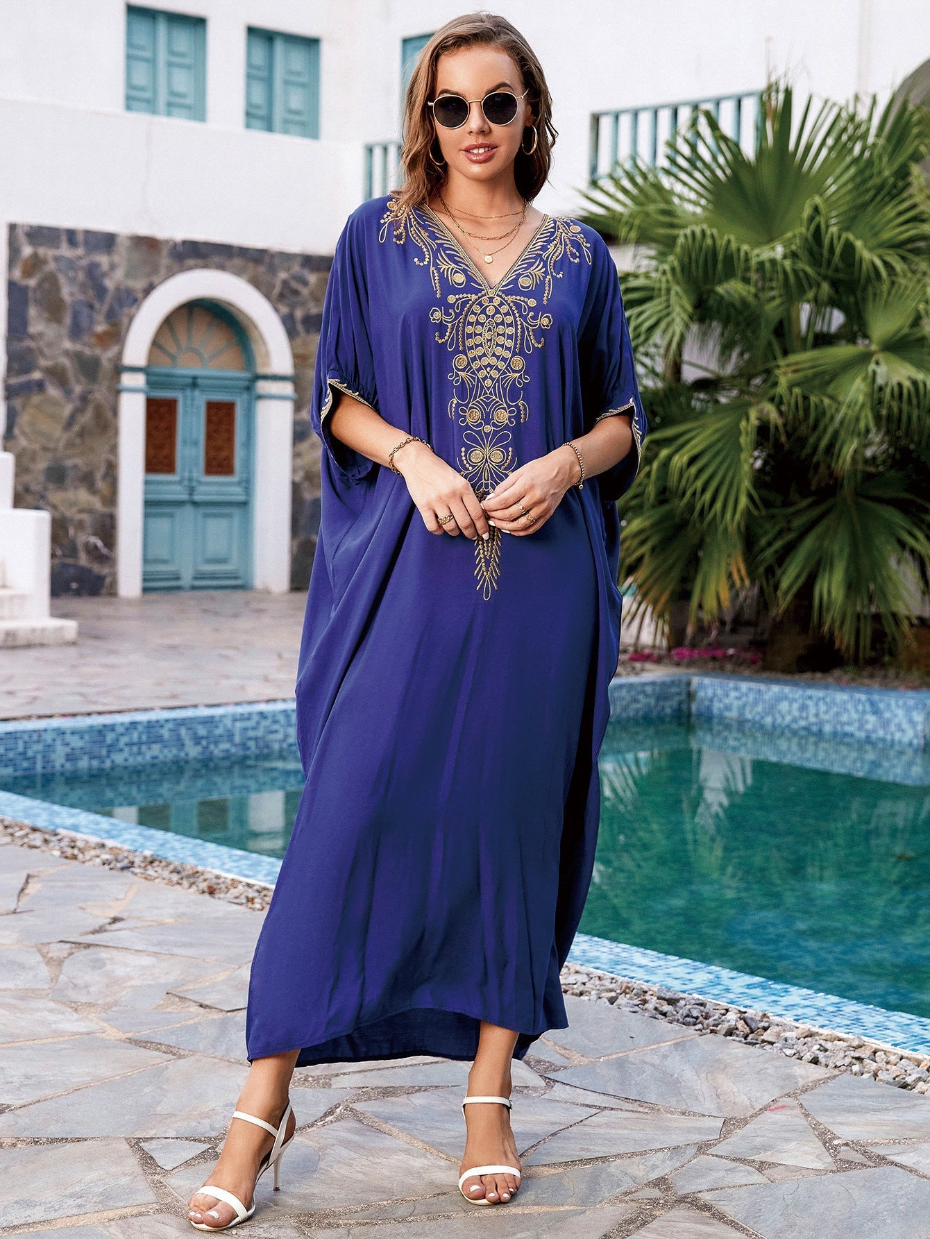 Navy Blue Rayon Embroidered Beach Cover Up Embroidered Robe Loose Sun Protection Shirt Beach Cover Up