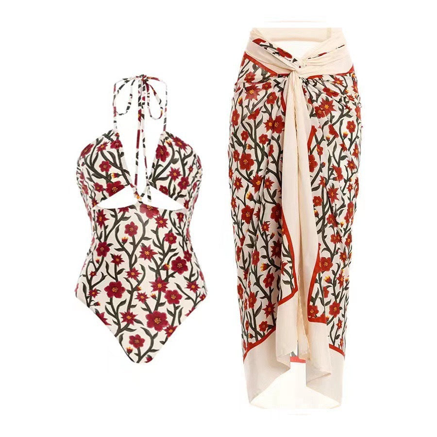 Two Piece Swimsuit Conservative Hollow Out Cutout out Tied Halter Sheath Gauze Skirt Swimsuit for Women