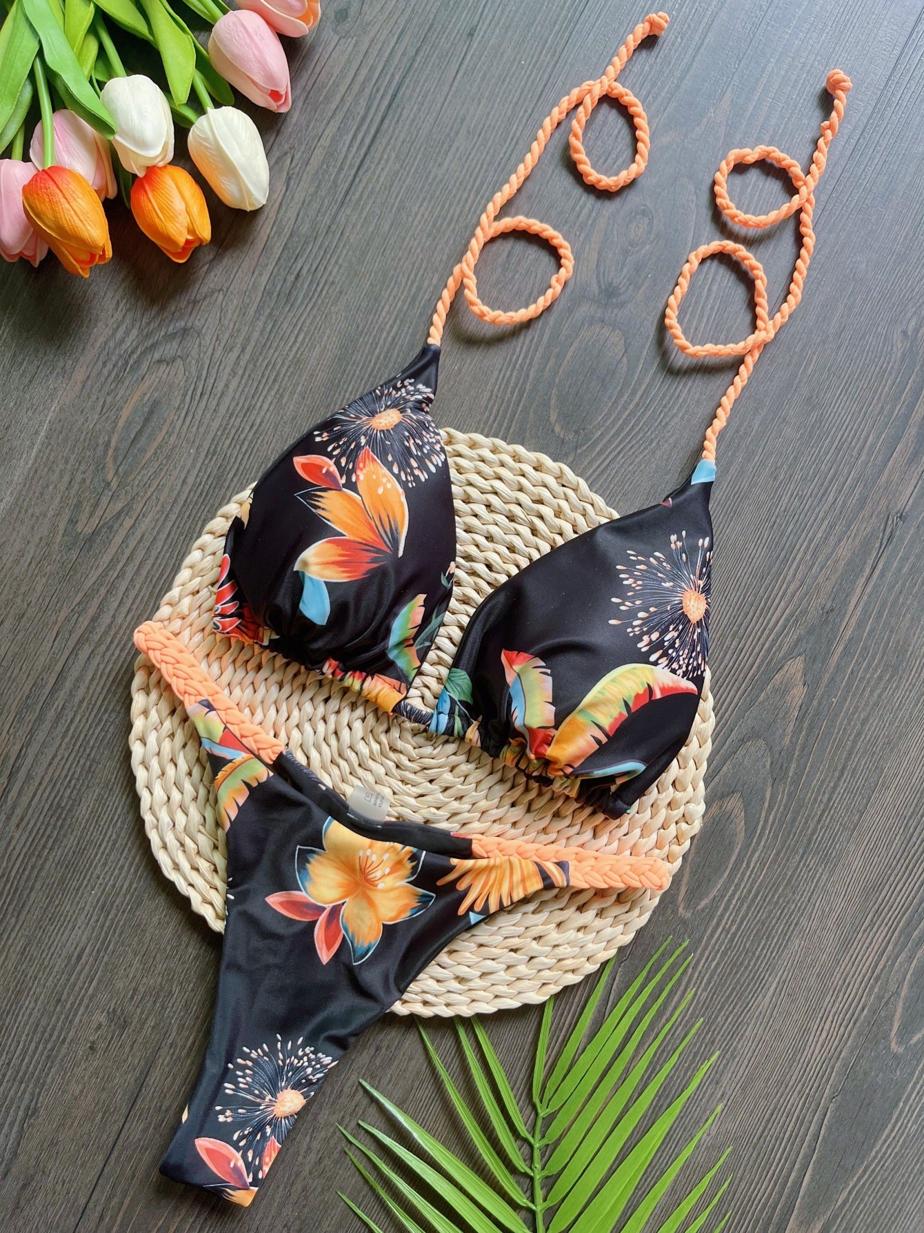 Triangle Bag Braid Rope Bikini Printed Swimsuit Beach Sexy Women Swimsuit