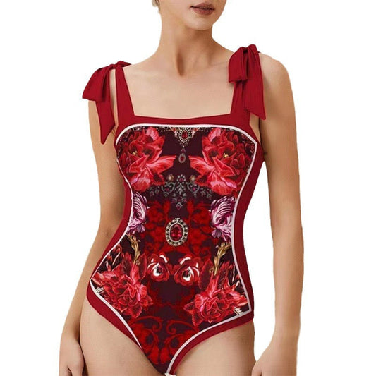 Conservative Sunscreen Swimsuit Women Vintage Printed Gauze Skirt Bikini