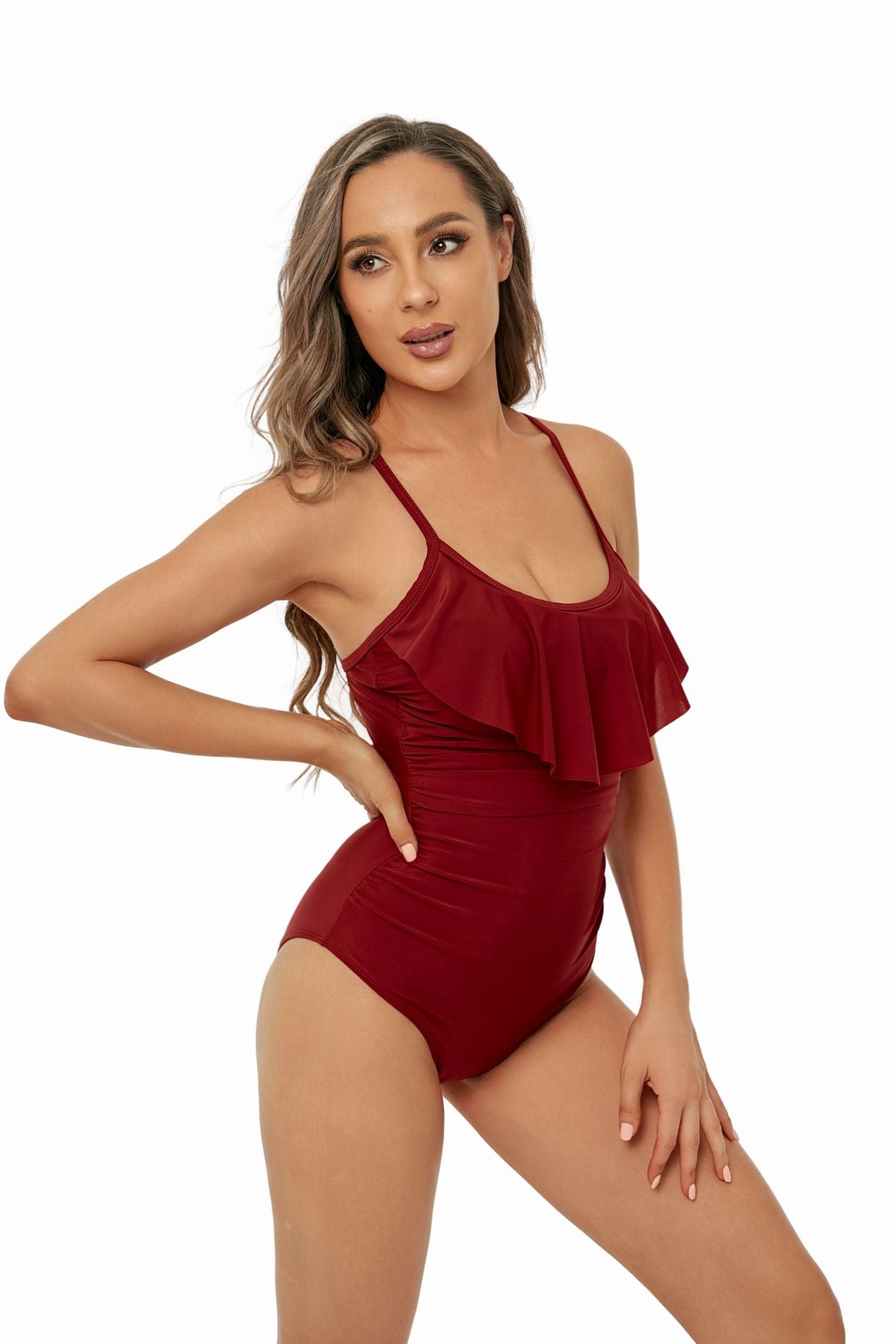 Solid Color One Piece Swimsuit Women Sexy Sling Ruffled Bikini