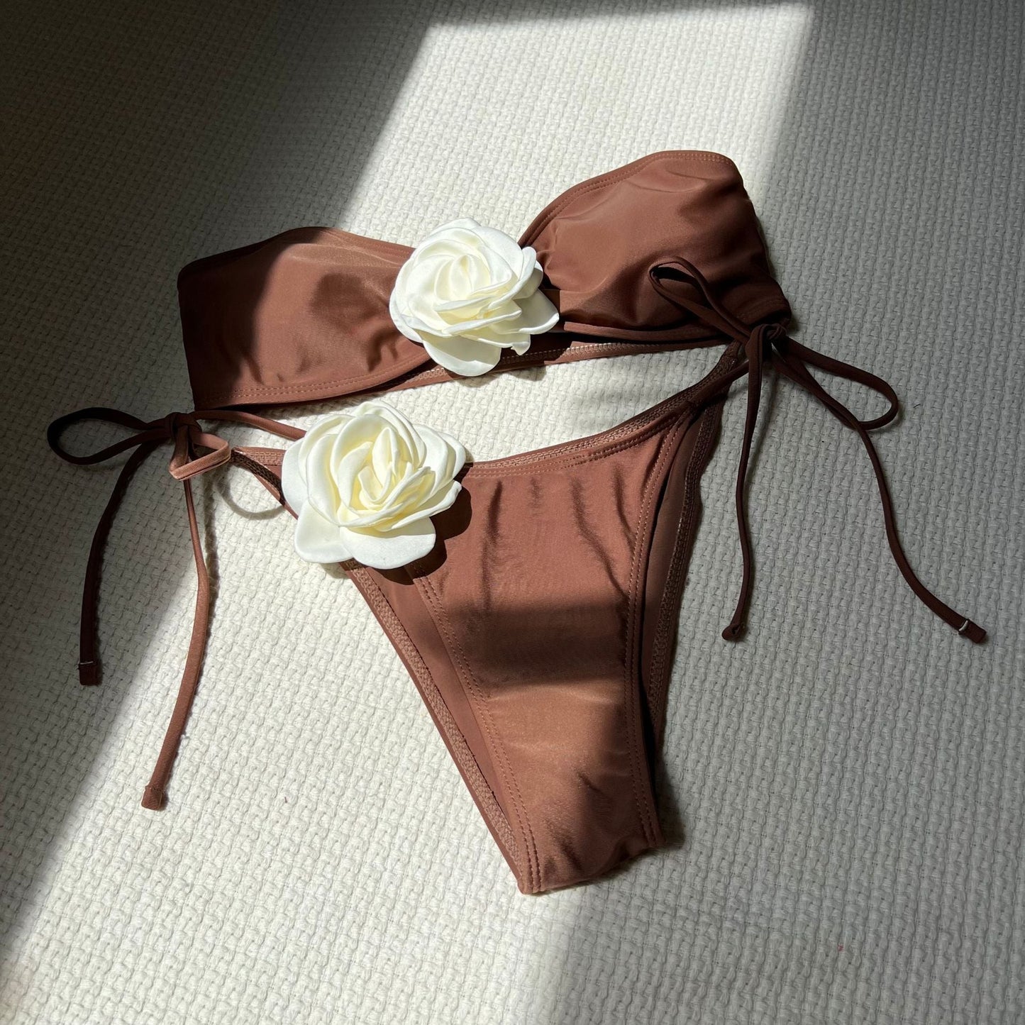 Color Matching Rose Tube Top Lace up Drawstring Strap Split Swimsuit Bikini