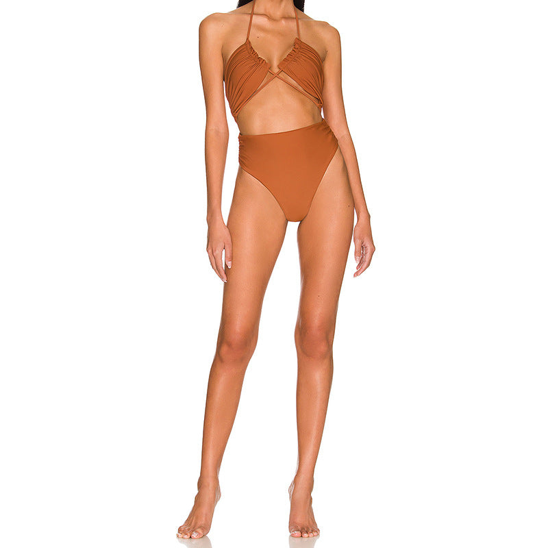 Solid Color One Piece Swimsuit Outer Single Women Swimsuit Solid Color Tube-Top Strap One Piece Bikini