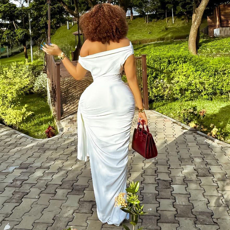 Women Clothing Solid Color Raglan Sleeve Dress Diagonal Collar Casual Ribbon Pullover