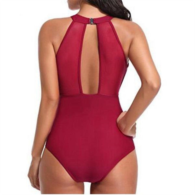 Ladies Swimsuit Chest Mesh Stitching Pleating Craft One Piece Swimsuit Bikini