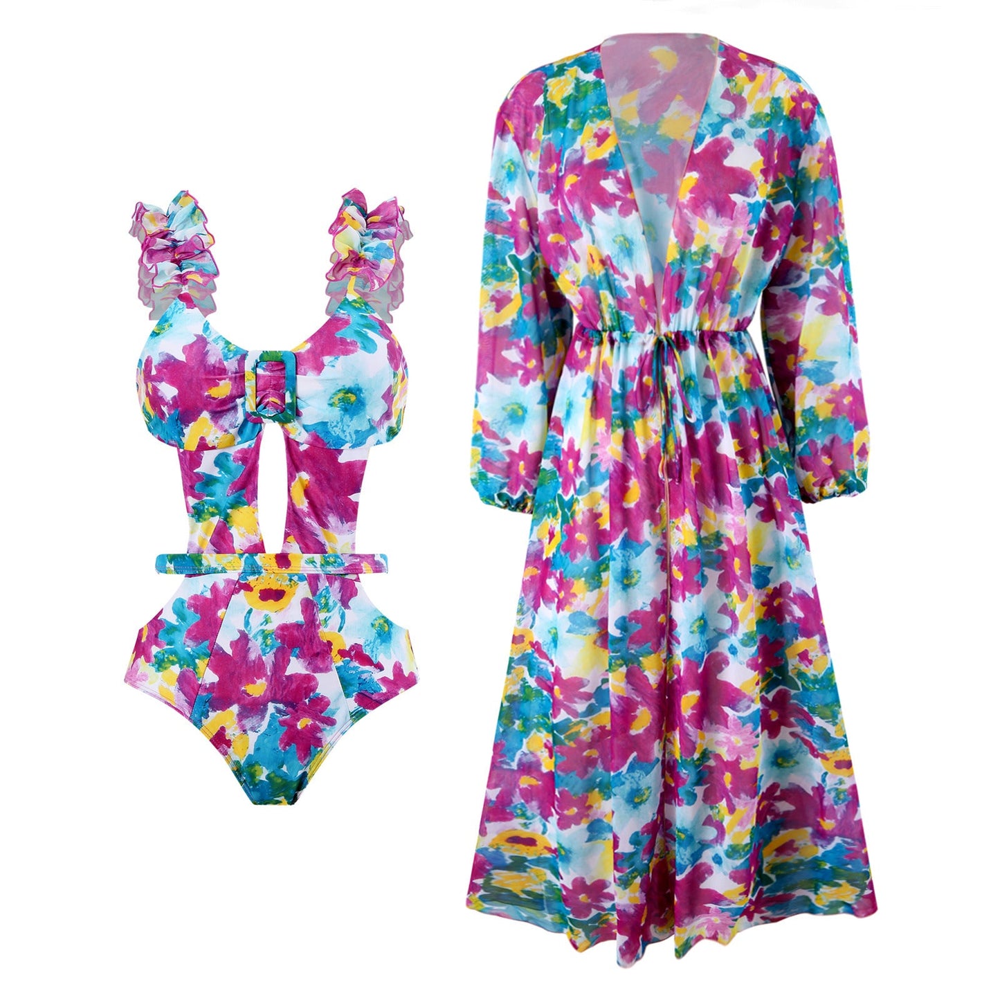 Siamese Conservative Swimsuit Printing Hollow Out Cutout Mesh Wrap Skirt Set Swimsuit