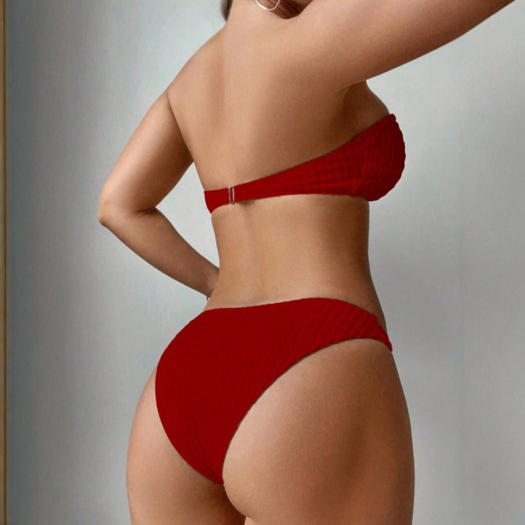 Split Sunken Stripe Pages Fabric Swimsuit Women Solid Color Bikini Two Piece Swimsuit