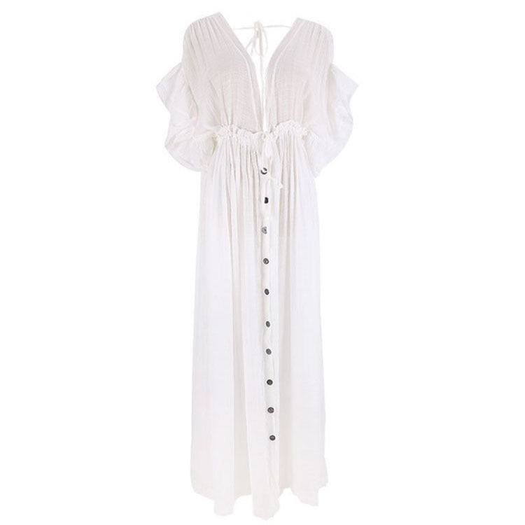 Single Breasted Waist Pull-Belt Beach Cover-up Sexy Backless Holiday Skirt Bikini Swimsuit Blouse