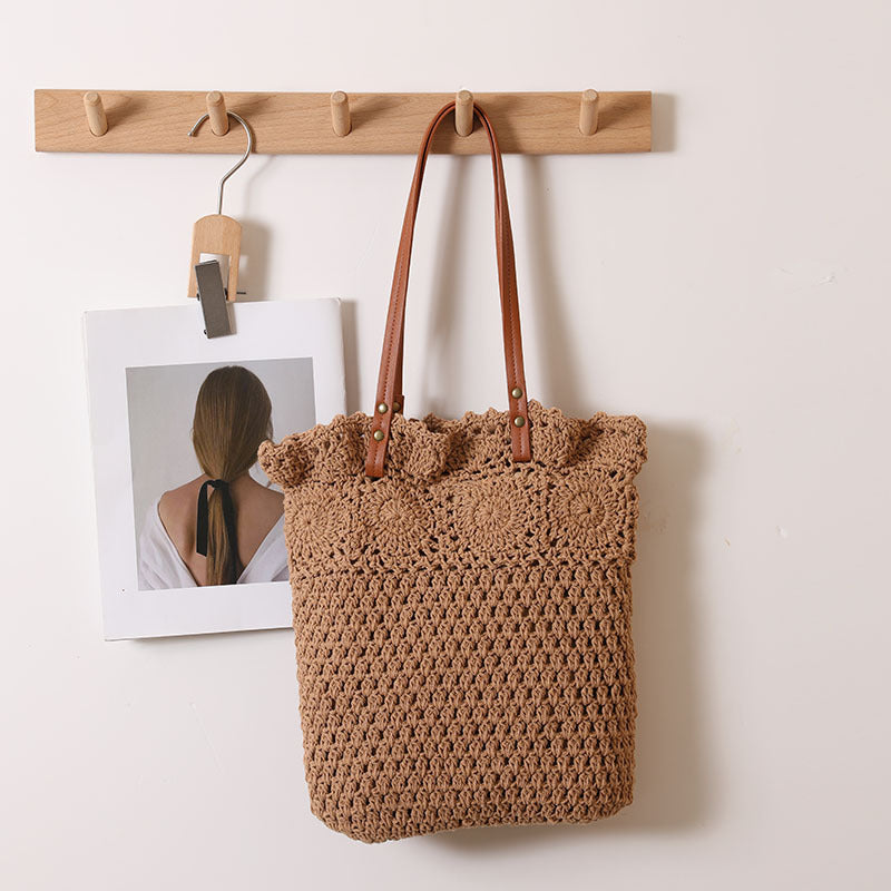 Hollow Out Cutout Floral Single Shoulder Cotton Thread Woven Bag Lace Straw Bag Vacation Beach Bag Office Women Bag