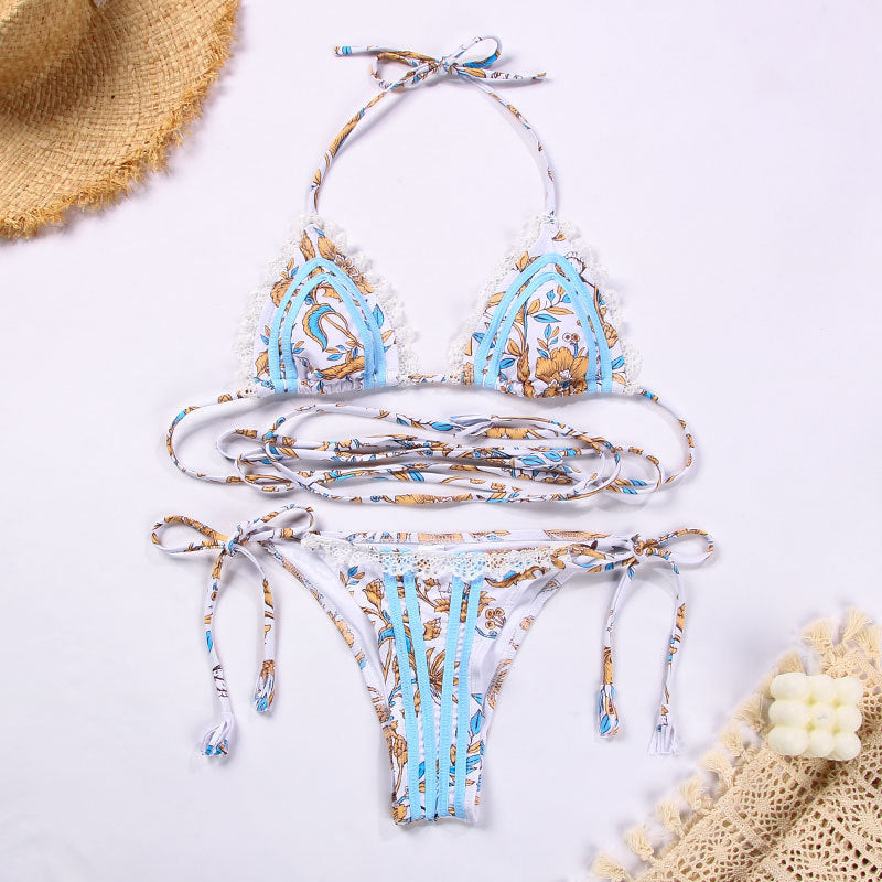 Swimsuit Women Sexy Ribbon Stitching Lace Strap Printing Bikini