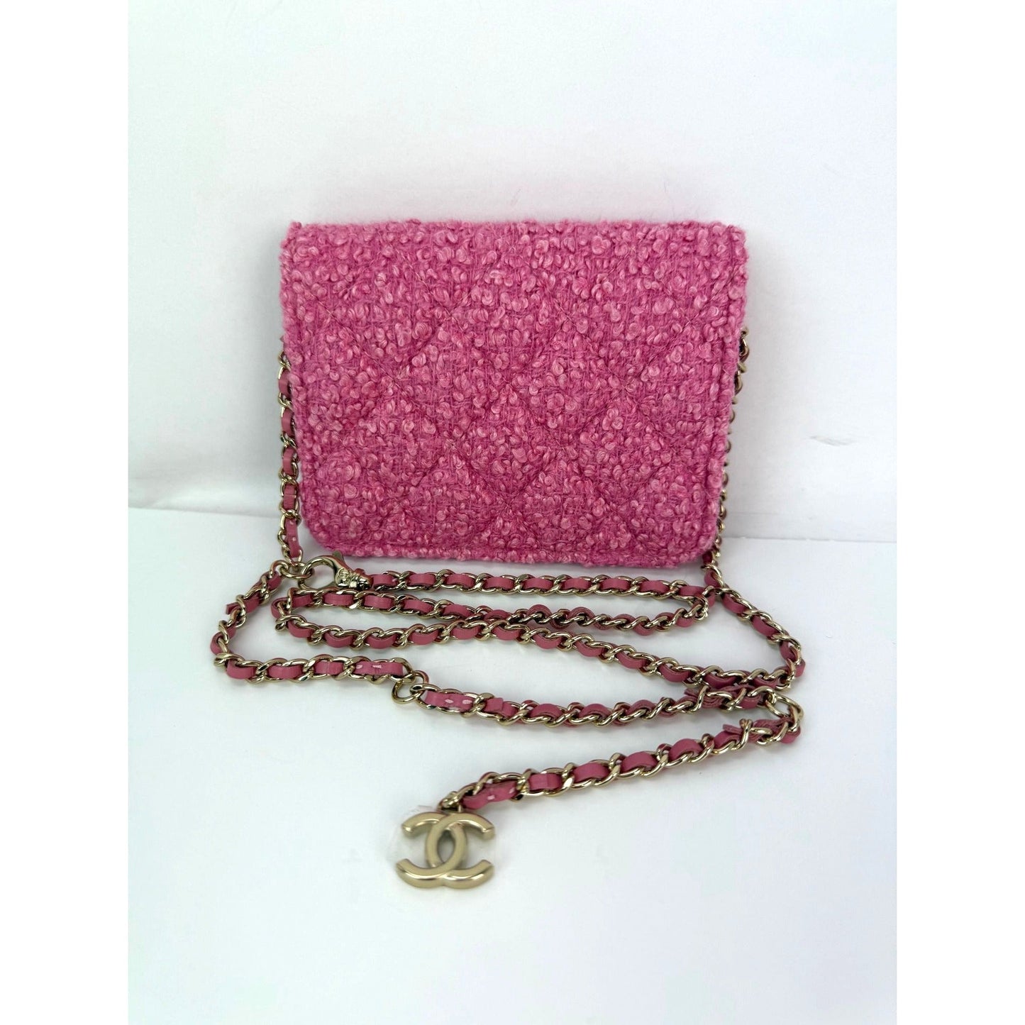Chanel Tweed Quilted Mini Flap Pink Chain Waist Shoulder Bag