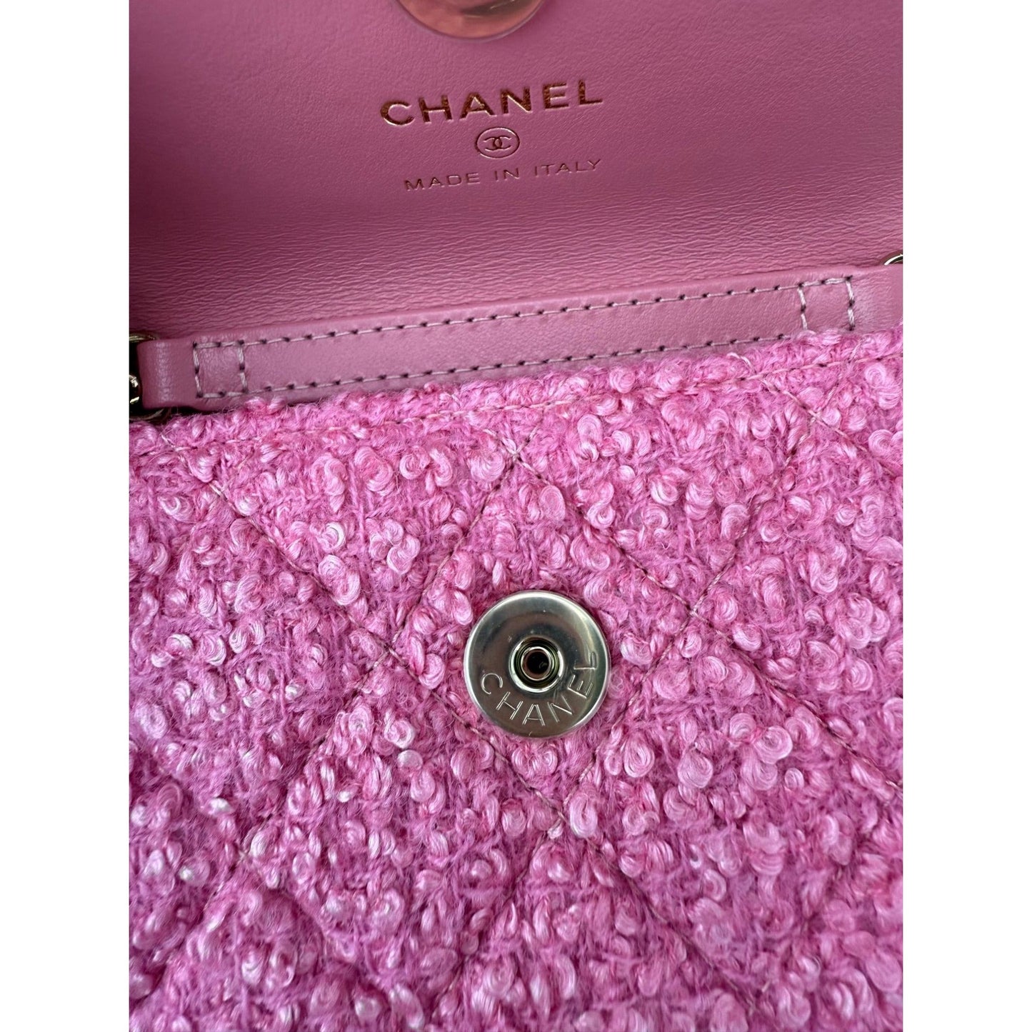 Chanel Tweed Quilted Mini Flap Pink Chain Waist Shoulder Bag