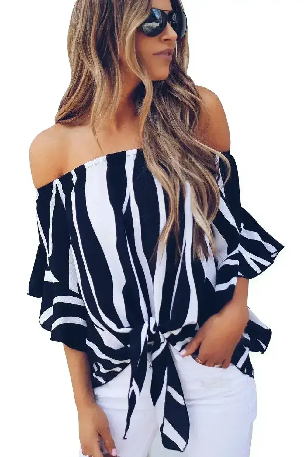 Off The Shoulder Vertical Black White Stripes Blouse