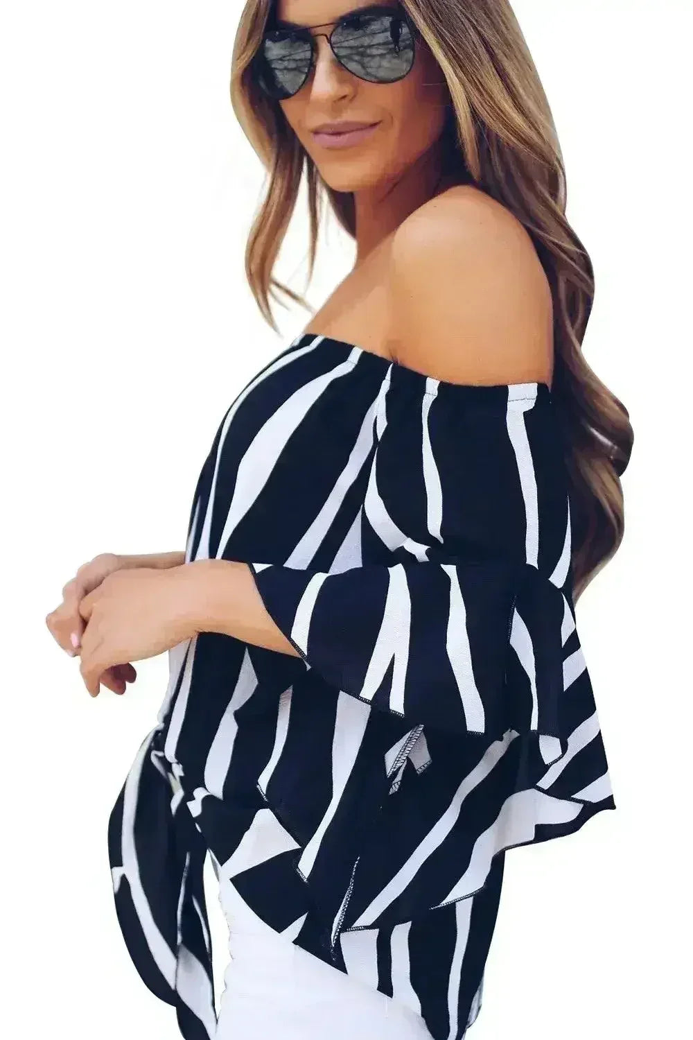 Off The Shoulder Vertical Black White Stripes Blouse