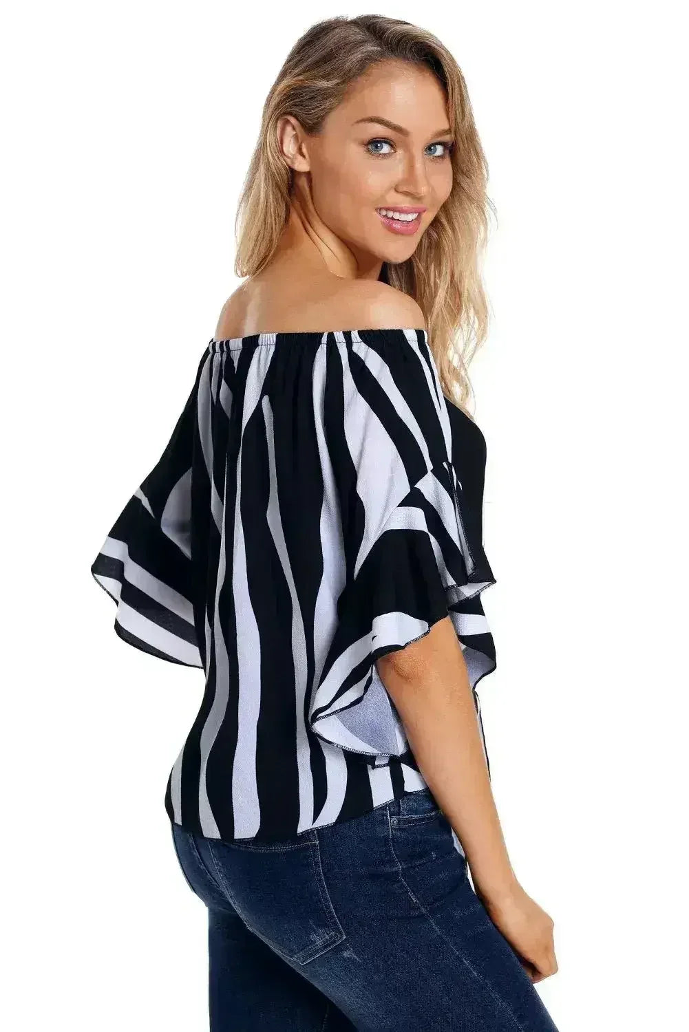Off The Shoulder Vertical Black White Stripes Blouse