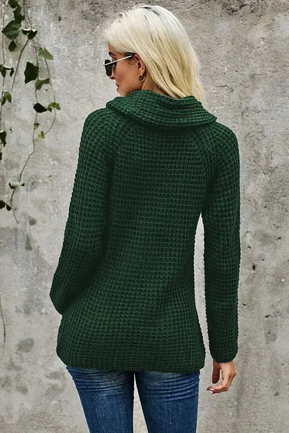 Olive Green Buttoned Wrap Turtleneck Sweater