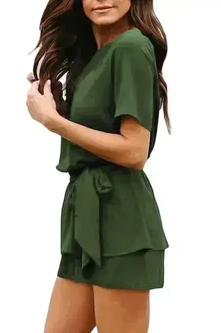 Olive Half Sleeves Peplum Waist Summer Romper