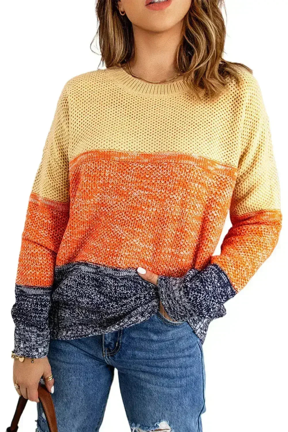 Orange & Blue Color Block Sweater | Women’s Winter Knit | Femstylo