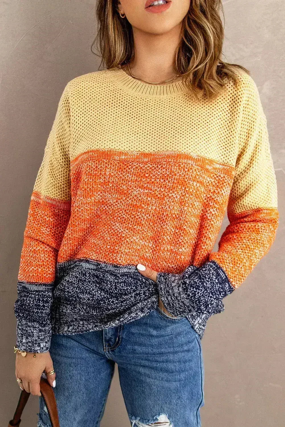 Orange & Blue Color Block Sweater | Women’s Winter Knit | Femstylo