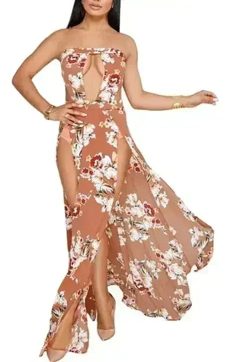 Orange Floral Cutout Slit Legs Strapless Jumpsuit