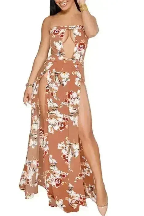 Orange Floral Cutout Slit Legs Strapless Jumpsuit