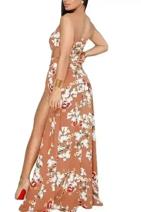 Orange Floral Cutout Slit Legs Strapless Jumpsuit