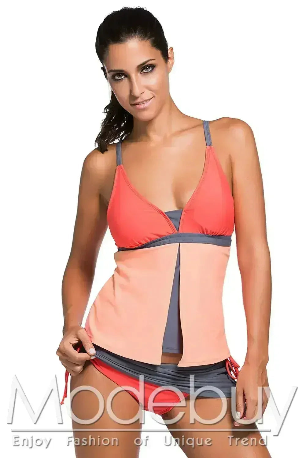Orange Pink Colorblock 2 Pieces Tankini Skort Bottom Swimsuit