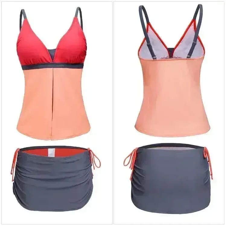 Orange Pink Colorblock 2 Pieces Tankini Skort Bottom Swimsuit