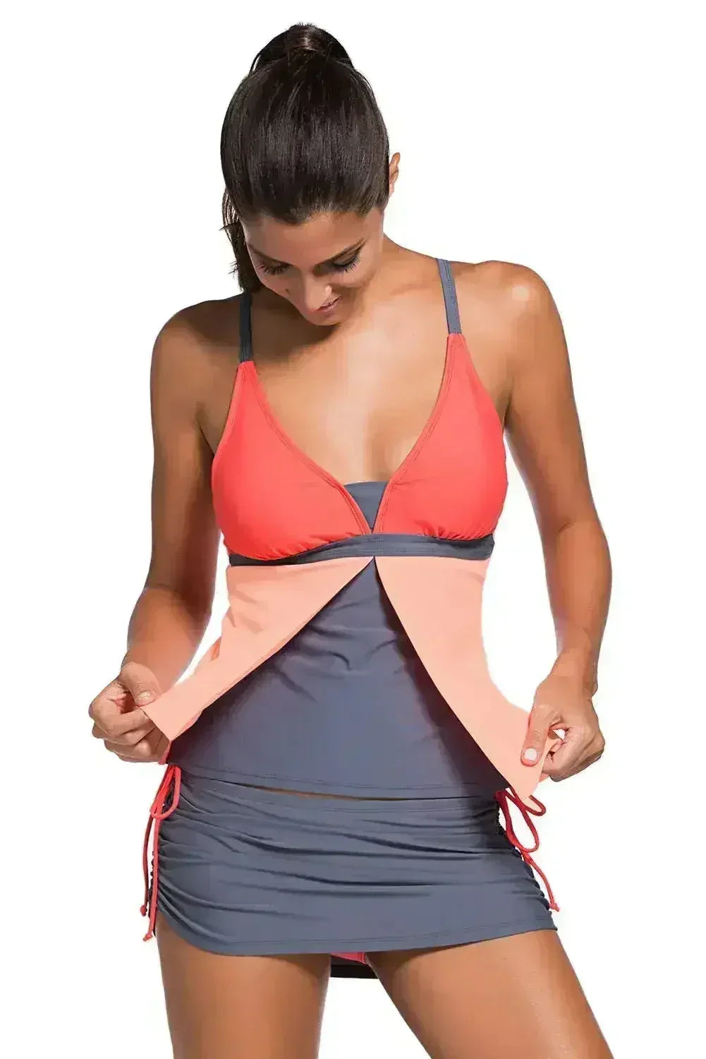 Orange Pink Colorblock 2 Pieces Tankini Skort Bottom Swimsuit