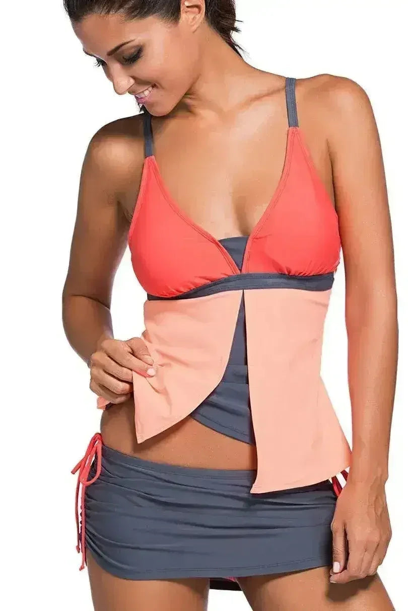 Orange Pink Colorblock 2 Pieces Tankini Skort Bottom Swimsuit