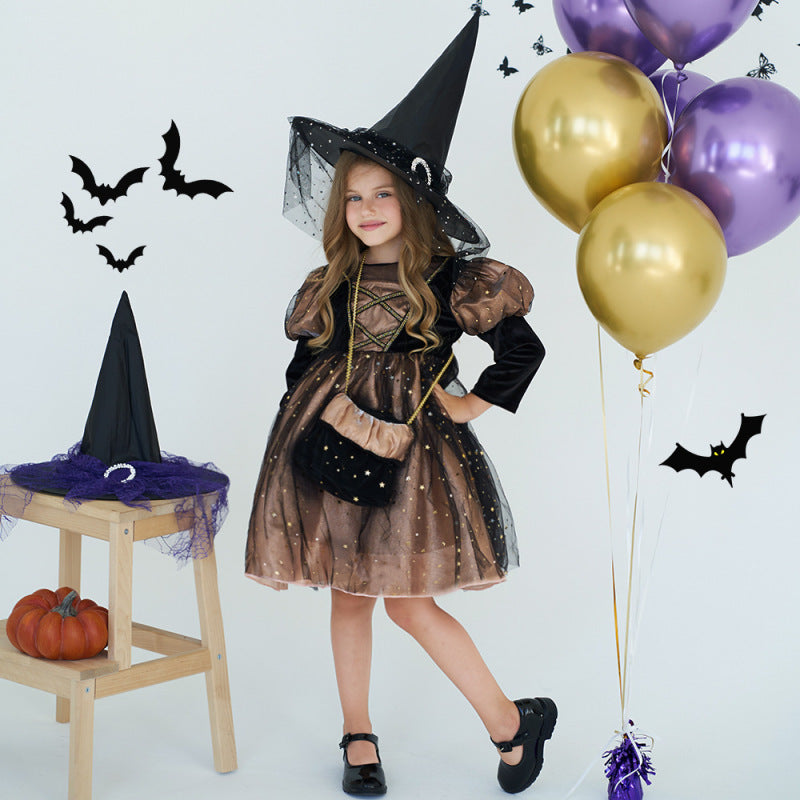 Girls Witch Dress Halloween Costume - Green & Golden Party Outfit