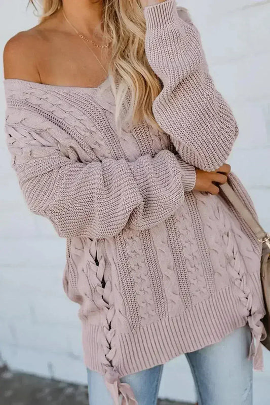 Pink Love Letters Lace Up Cable Knit Sweater