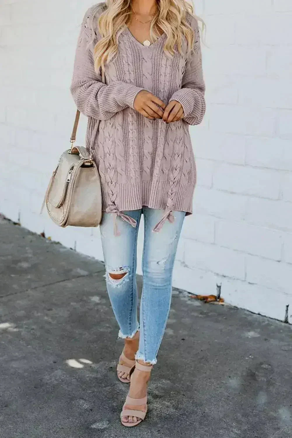 Pink Love Letters Lace Up Cable Knit Sweater