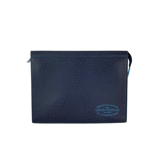 Louis Vuitton Pochette Voyage MM Taiga Dark Blue Leather Hand Bag Limited Edition