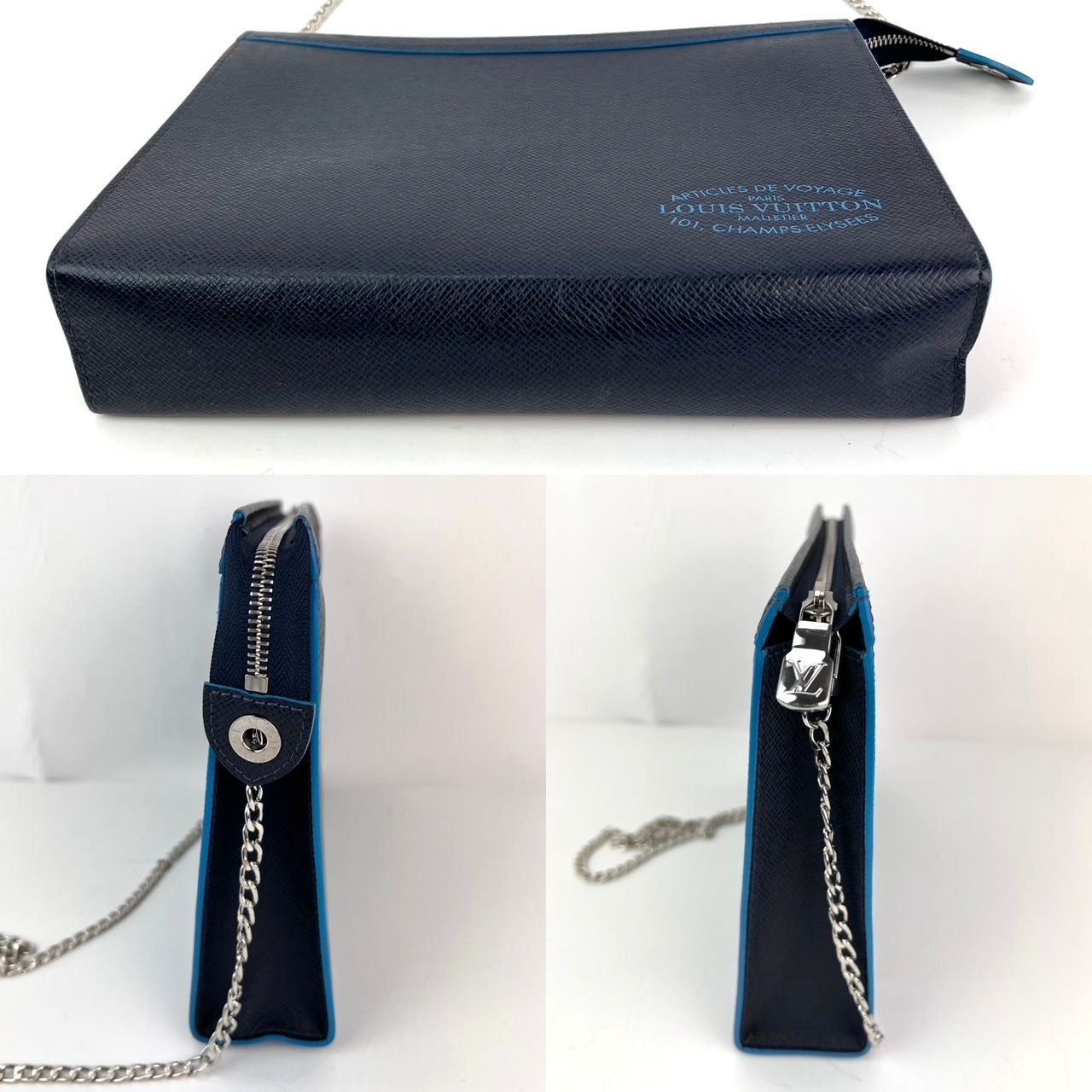 Louis Vuitton Pochette Voyage MM Taiga Dark Blue Leather Hand Bag Limited Edition