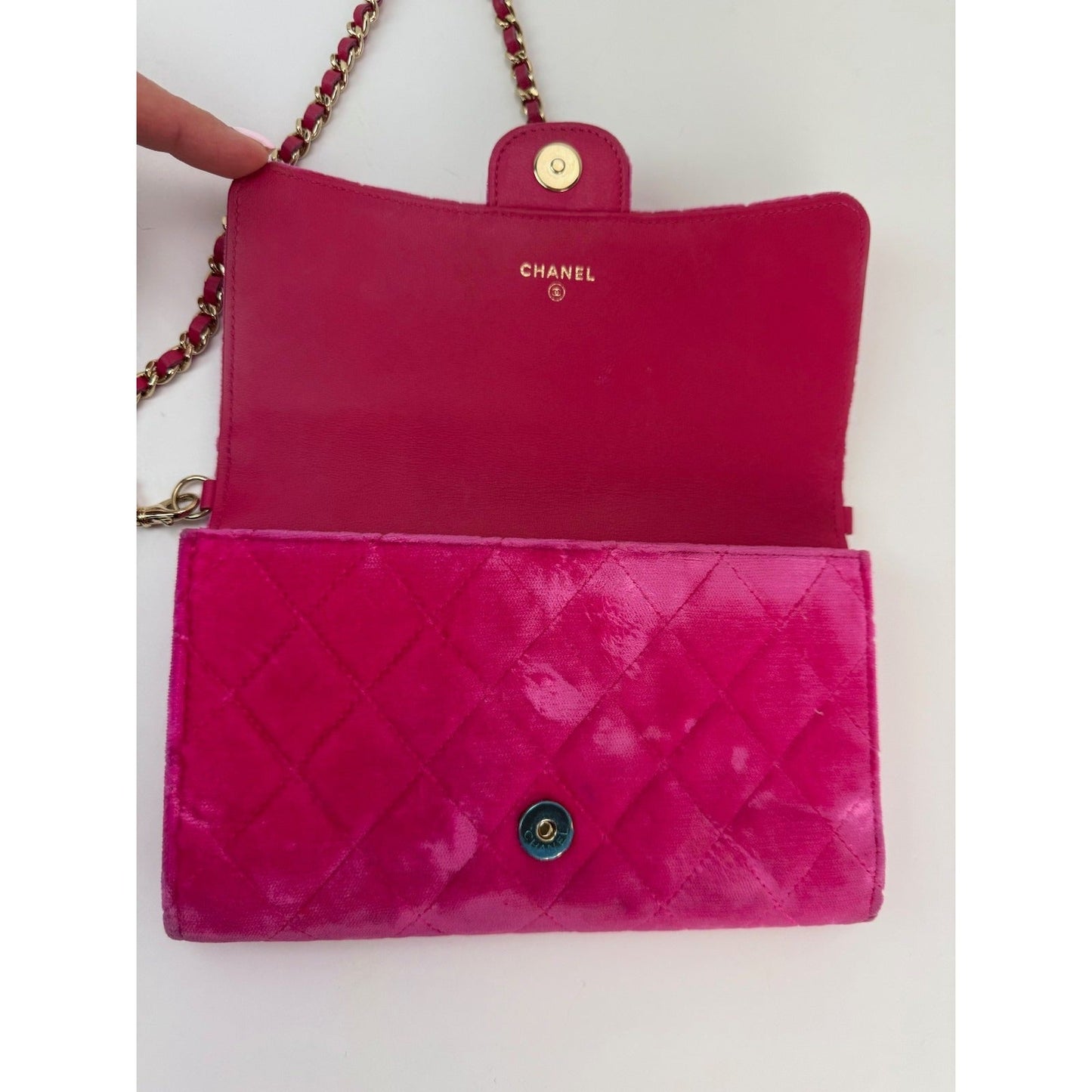 Chanel Velvet Quilted Timeless Fuchsia Wallet on a Chain Clutch Bag