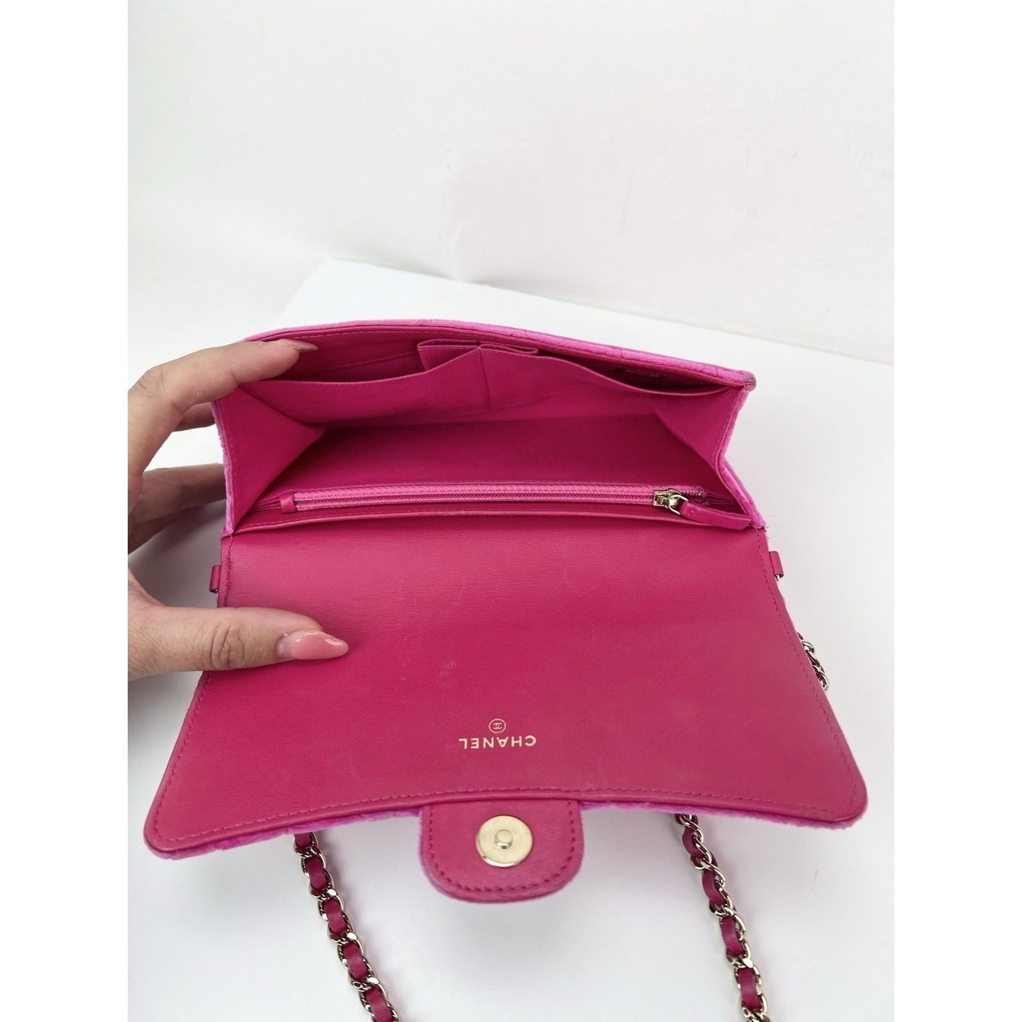 Chanel Velvet Quilted Timeless Fuchsia Wallet on a Chain Clutch Bag