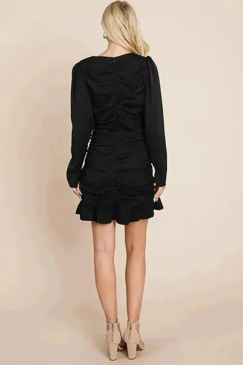 ong Sleeve Ruched Frill Hem Mini Dress