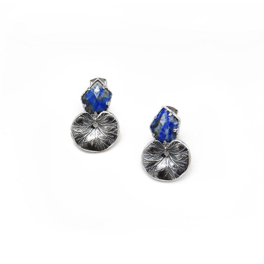 Rhodium Lapis Lazuli Gemstone Lotus Earring