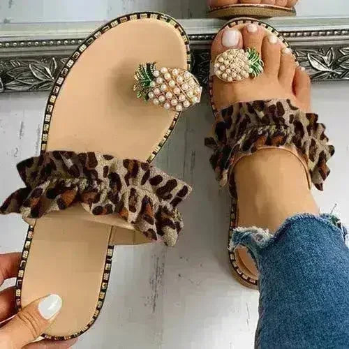 Pineapple Pearl Womens Slippers Flat Toe Casual Beach Slides