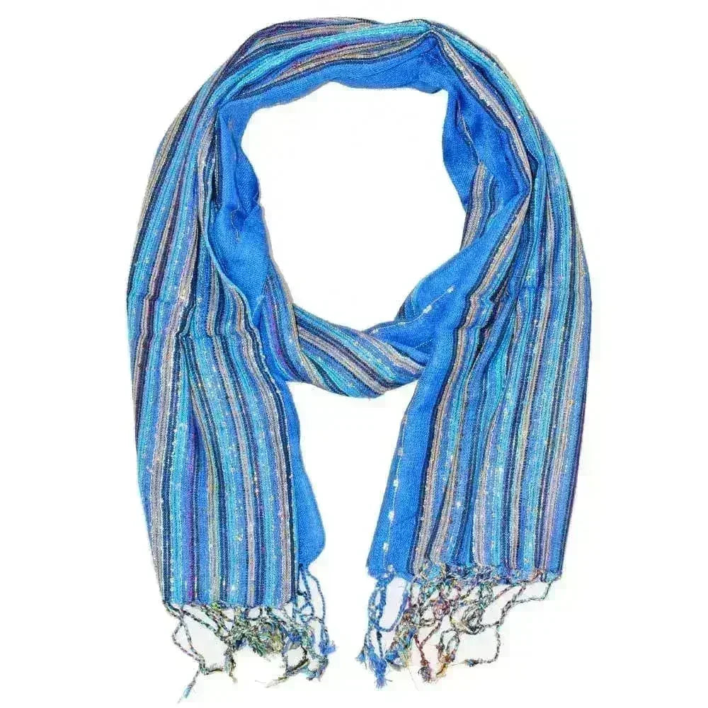 Blue Cotton Lurex Shimmering Stripes Scarf